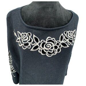 Bob Mackie Wearable Art Black Sweater Tunic‎ 2X Floral Embroidery Cutout Detail